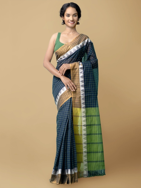 

Unnati Silks Blue & Green Checked Pure Cotton Mangalagiri Saree
