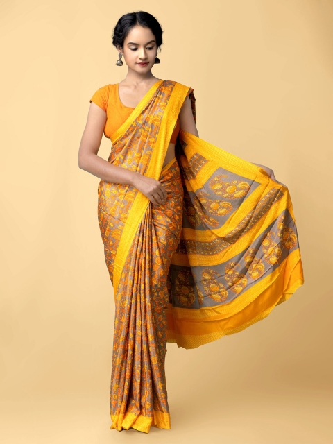 

Unnati Silks Grey & Yellow Floral Block Print Saree