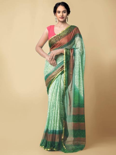 

Unnati Silks Green & Red Floral Block Print Saree