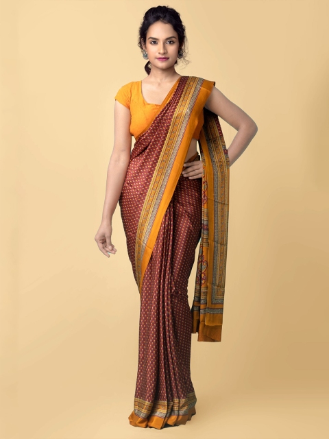 

Unnati Silks Maroon & Yellow Ethnic Motifs Block Print Saree