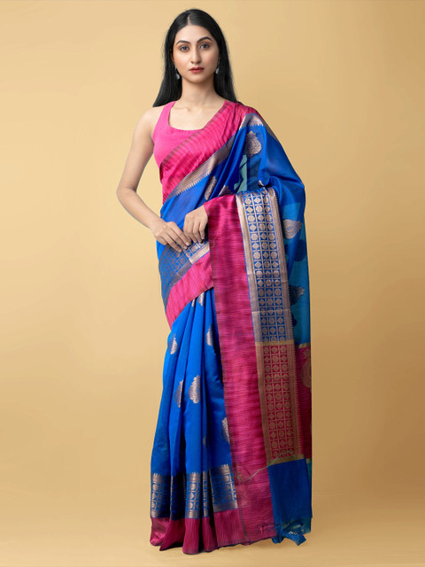 

Unnati Silks Blue & Fuchsia Ethnic Motifs Zari Kanjeevaram Saree