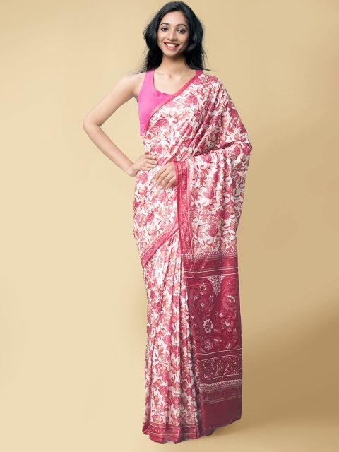 

Unnati Silks Cream-Coloured Floral Printed Art Crepe Silk Saree