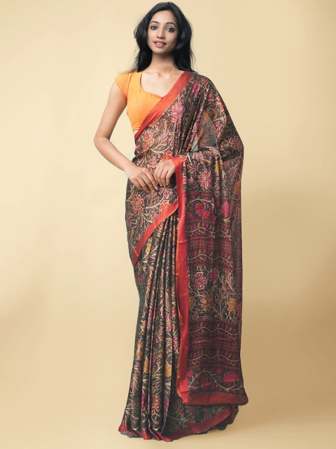 

Unnati Silks Brown & Magenta Floral Block Print Saree