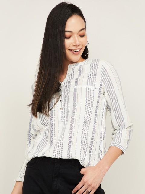 

Fame Forever by Lifestyle Off White & Blue Striped Mandarin Collar Shirt Style Top