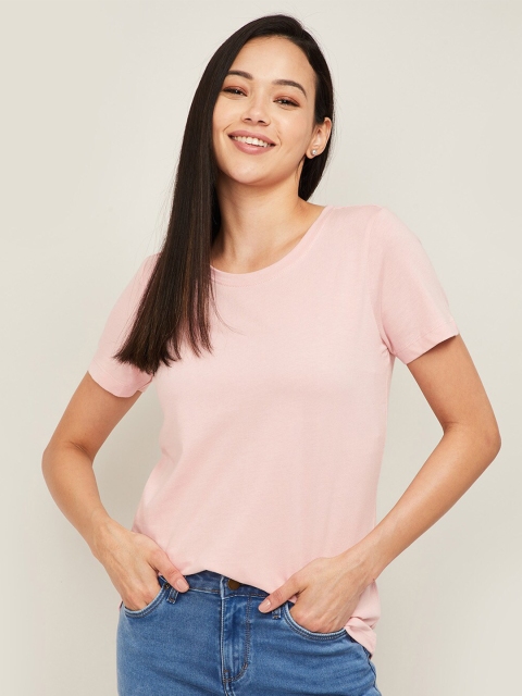 

Fame Forever by Lifestyle Pink Solid Pure Cotton Regular Top