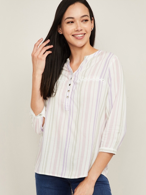 

Fame Forever by Lifestyle Purple Striped Mandarin Collar Shirt Style Top