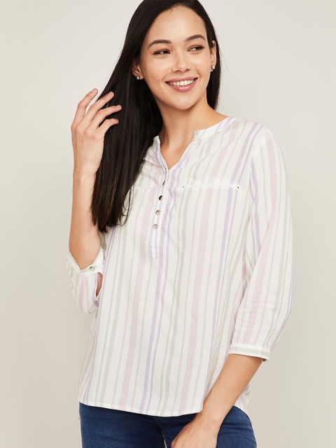 

Fame Forever by Lifestyle Purple & White Striped Mandarin Collar Shirt Style Top