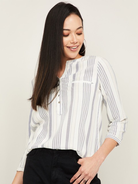 

Fame Forever by Lifestyle Off White & Navy Blue Striped Mandarin Collar Shirt Style Top