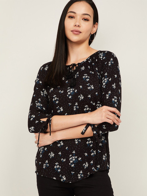 

Fame Forever by Lifestyle Black & White Floral Tie-Up Neck Regular Top
