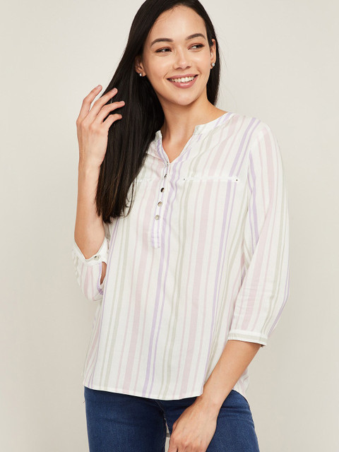 

Fame Forever by Lifestyle White & Purple Striped Mandarin Collar Shirt Style Top