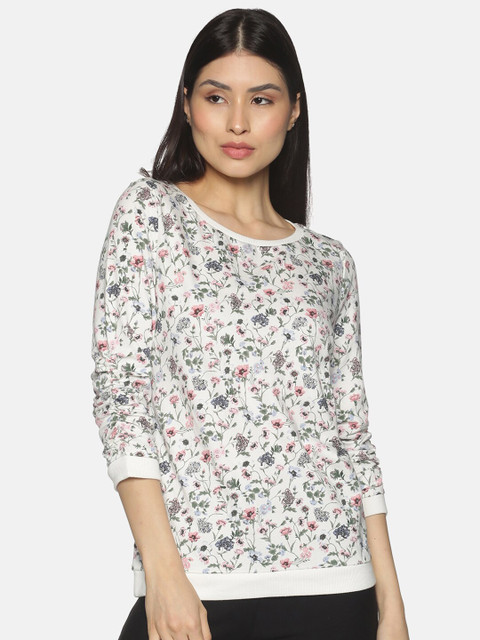 

UrGear Women White & Green Floral Printed Round Neck T-shirt