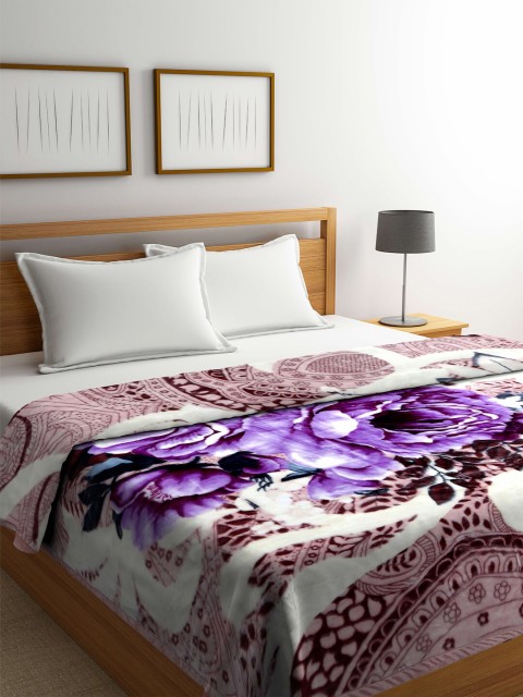 

Arrabi Purple & White Floral Mild Winter 950 GSM Double Bed Blanket