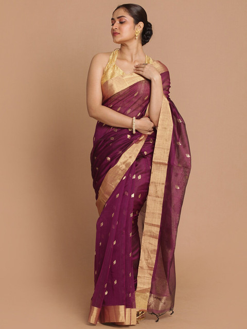 

Indethnic Violet Woven Design Zari Silk Cotton Chanderi Saree