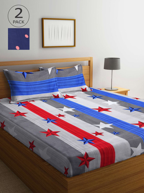 

Arrabi Navy Blue & Red Graphic 210 TC 2 King Bedsheet with 4 Pillow Covers