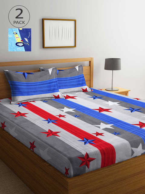 

Arrabi Blue & Silver-Toned Graphic 210 TC 2 King Bedsheet with 4 Pillow Covers