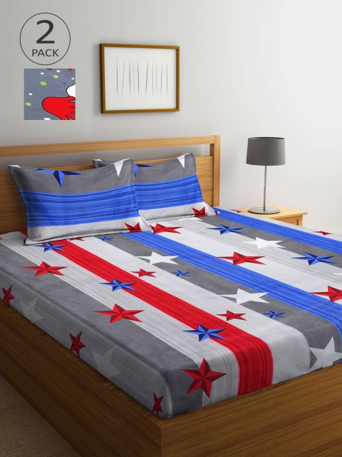 

Arrabi Grey & Blue Graphic 210 TC 2 King Bedsheet with 4 Pillow Covers