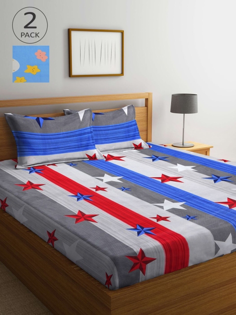 

Arrabi Blue & Grey Graphic 210 TC 2 King Bedsheet with 4 Pillow Covers