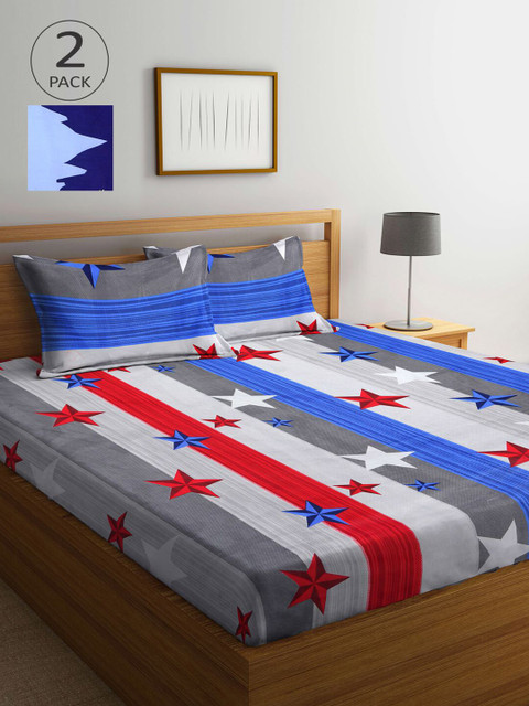 

Arrabi Blue & Red Graphic 210 TC 2 King Bedsheet with 4 Pillow Covers
