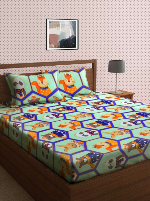 

KLOTTHE Green & Orange Cartoon Characters 210 TC King Bedsheet with 2 Pillow Covers