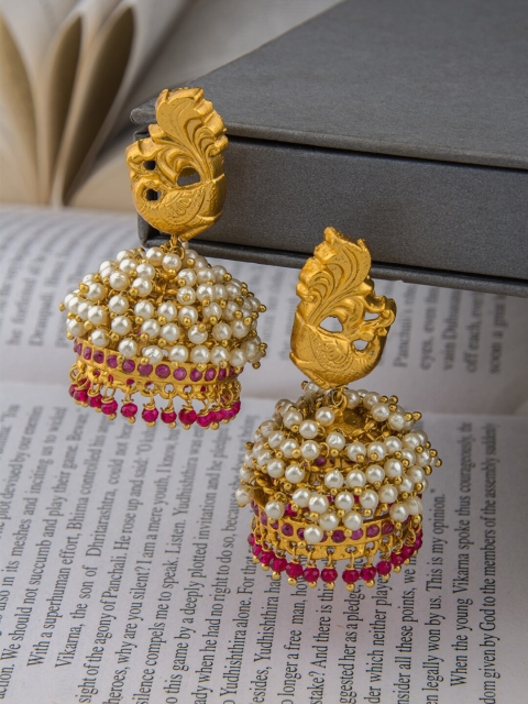 

Alankruthi Gold-Toned Peacock Stone Studded Jhumkas Earrings