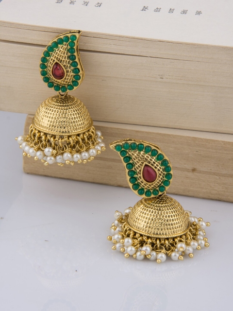 

Alankruthi Green & Gold-Toned & Plated Beaded Contemporary Jhumkas Earrings