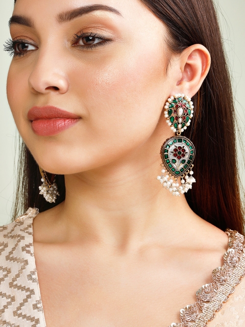 

Rubans Green & Gold-Toned & Plated Leaf Shaped Enamelled Beaded Drop Earrings