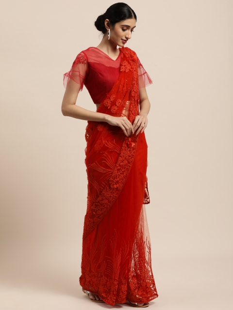 

Mitera Red Embellished Embroidered Net Saree