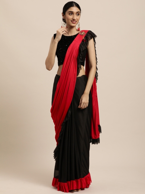 

Mitera Red Colourblocked Ready to Wear Ruffled Saree