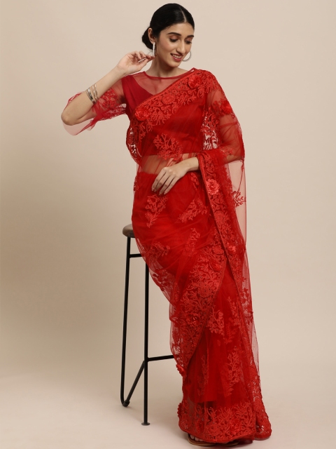 

Mitera Red Embellished Embroidered Net Saree