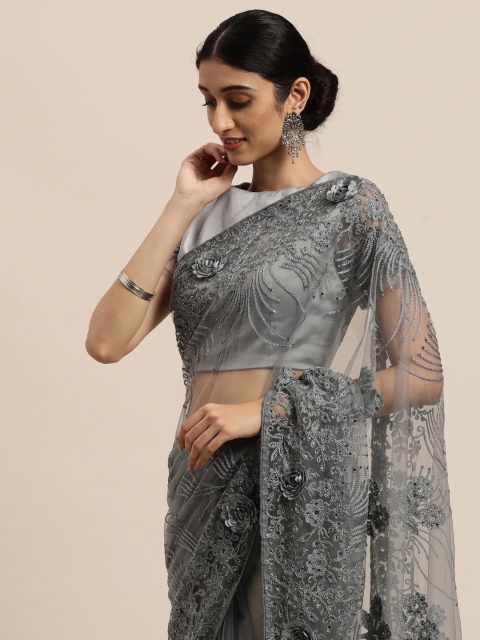 

Mitera Grey Embellished Embroidered Net Saree