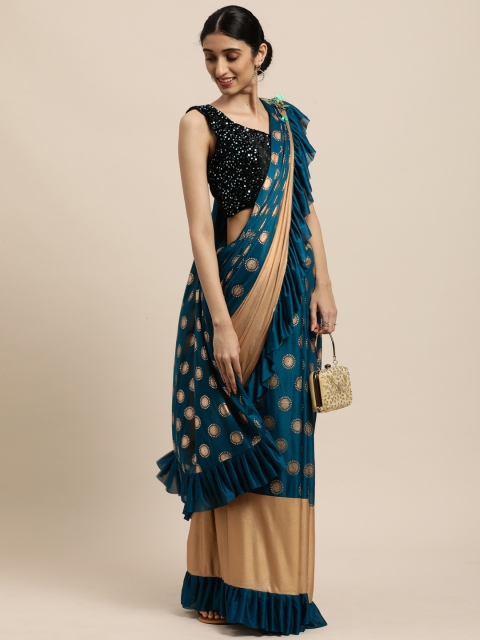 

Mitera Teal Green Ethnic Motifs Ready to Wear Foil Print Saree