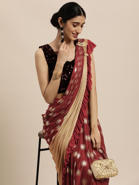 

Mitera Maroon Ethnic Motifs Ready to Wear Foil Print Ruffled Saree