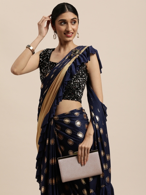 

Mitera Navy Blue Ethnic Motifs Ready to Wear Foil Print Ruffled Saree