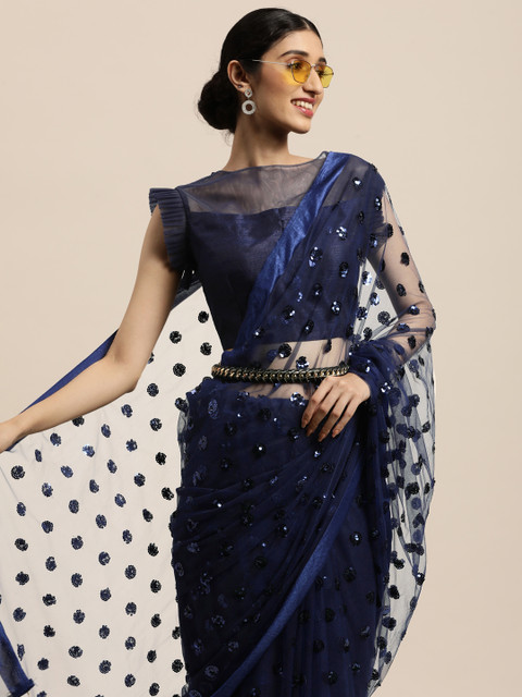 

Mitera Navy Blue Embellished Embroidered Net Saree