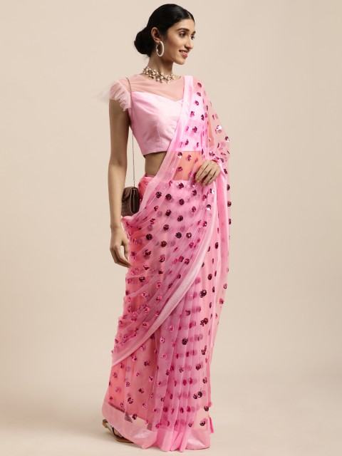 

Mitera Pink Embellished Embroidered Net Saree