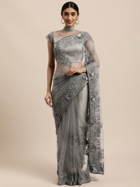 

Mitera Grey Embellished Embroidered Net Saree