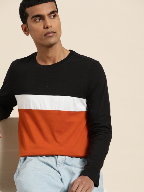 

ether Men Black & Orange Pure Cotton Colourblocked T-shirt