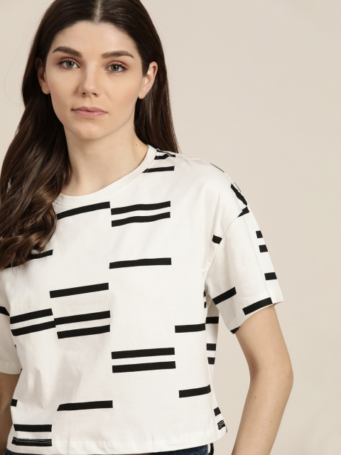 

ether Women White & Black Geometric Printed Pure Cotton T-shirt