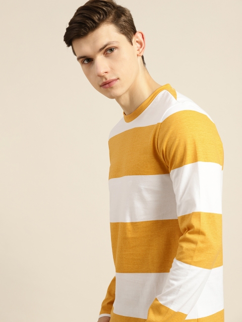 

ether Men White & Mustard Yellow Striped Pure Cotton T-shirt