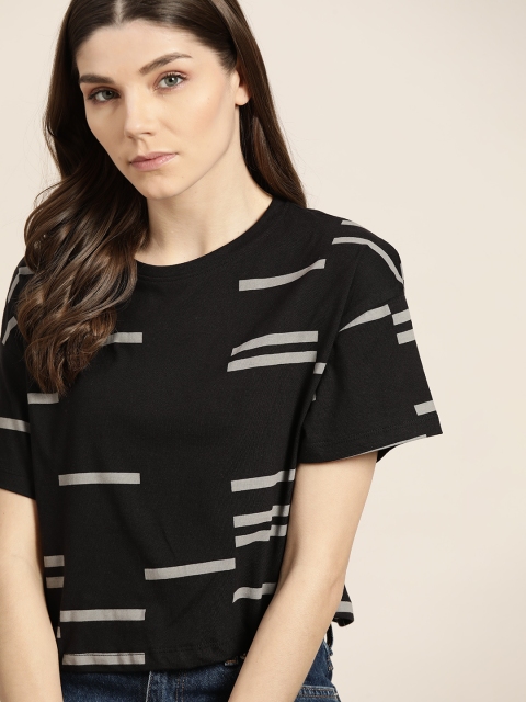 

ether Women Black & Grey Geometric Printed Pure Cotton T-shirt