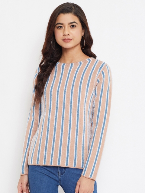 

Madame Women Peach-Coloured & Blue Striped Pullover