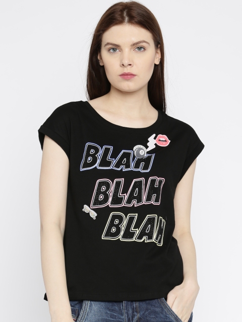 

ALCOTT Women Black Printed Round Neck T-shirt