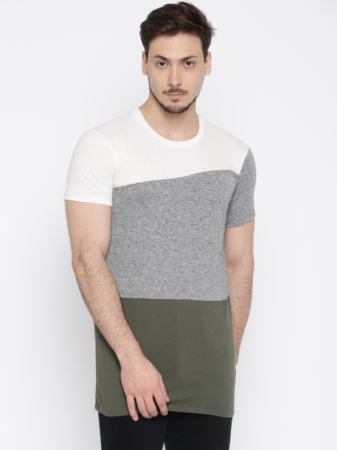 

ALCOTT Men White & Grey Melange Colourblocked Round Neck T-shirt