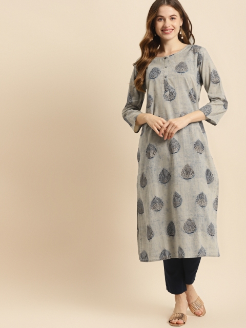 

Prakrti Women Grey & Blue Pure Cotton Leaf Printed Kurta