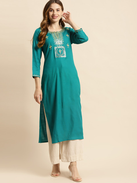 

Prakrti Women Teal Blue Embroidered Straight Kurta