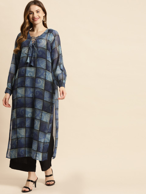 

Prakrti Women Blue & Beige Ethnic Motifs Print Puff Sleeves Kurta