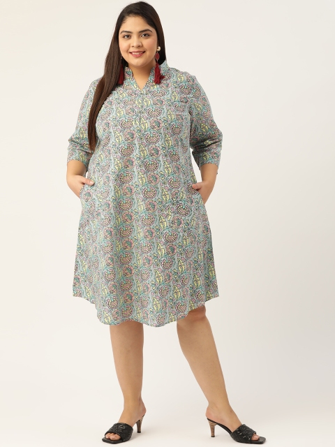 

Revolution Plus Size Grey & Pink Ethnic Printed Pure Cotton A-Line Dress