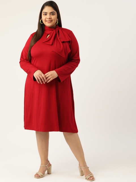 

Revolution Plus Size Maroon Solid Tie-Up Neck A-Line Dress