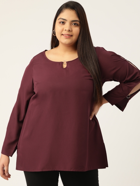 

Revolution Women Burgundy Solid Keyhole-Neck Top
