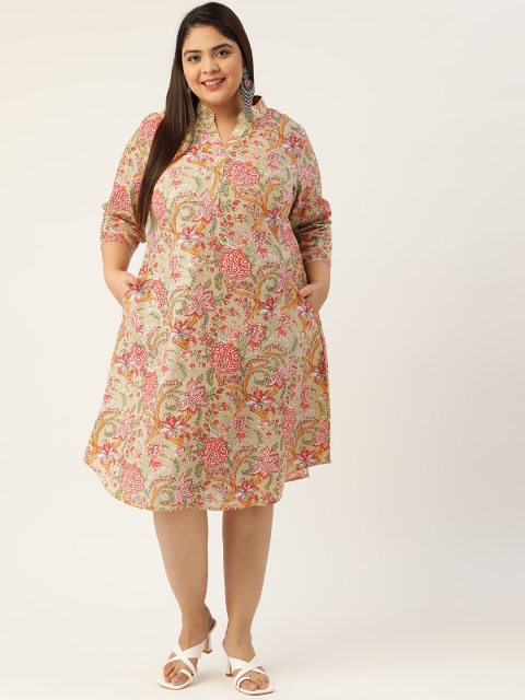 

Revolution Plus Size Taupe & Green Ethnic Printed Pure Cotton A-Line Dress